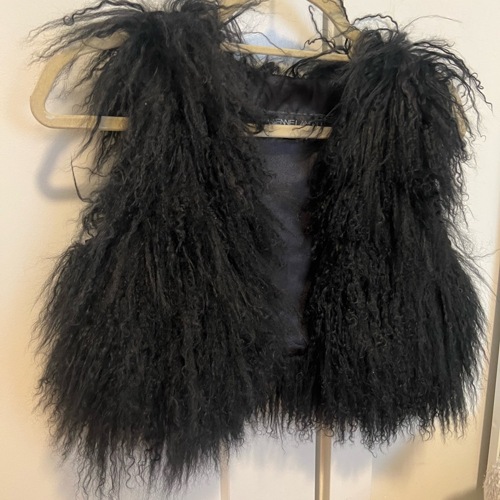 Adrienne landau cropped black mongolian fur vest